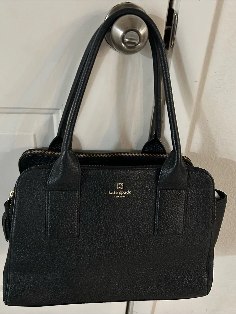 kate spade Black Pebbled Leather Satchel with Gold Logo